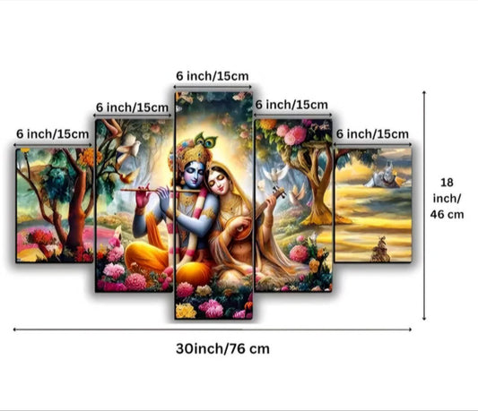 Beautiful Radha Krishna Wall Hanging Painting for Home Décor 5-Piece Wall Painting (Canvas Frame) Digital Reprint.