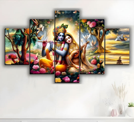 Beautiful Radha Krishna Wall Hanging Painting for Home Décor 5-Piece Wall Painting (Canvas Frame) Digital Reprint.